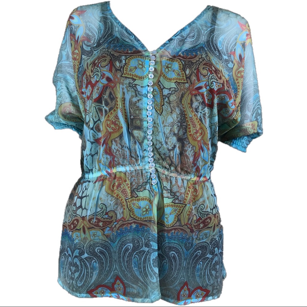 One World - Sheer Boho Flowing Aqua Blouse (377)